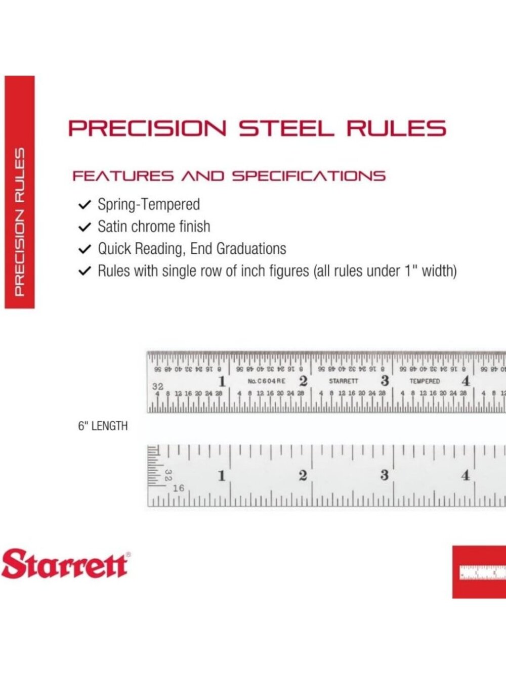 6" Spring Tempered Steel Ruler - Precision 4R Grad, Durable & Flexible Measuring - Picture 2 of 8